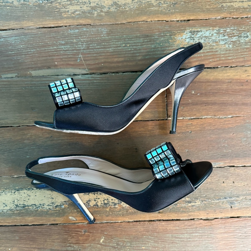Kate Spade Ellie Black Slingback Rhinestone Bow Pumps – Size 9 ❤️🍄